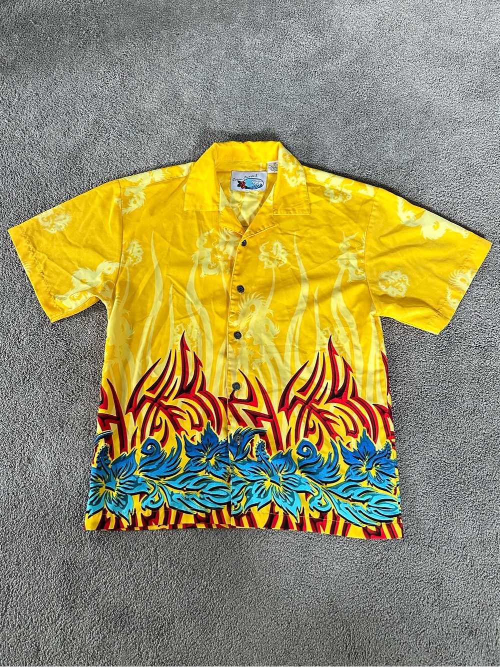 Ocean Current Dragon Flame Tribal 2000s Hawaiian Shirt Y2K OlderBrotherCore Sz M